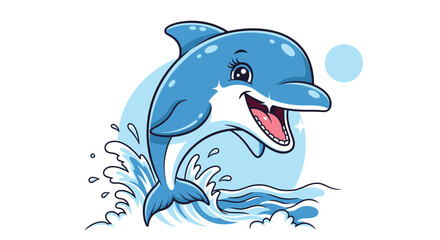 Obraz premium Cheerful Blue Dolphin Cartoon Illustration Leaping from Ocean Waves, Perfect for Children's Books, Educational Material, or Marine Conservation Awareness