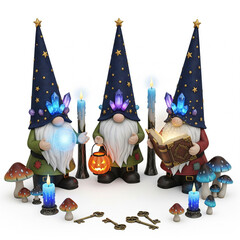Three illuminated halloween gnomes with glowing hats and decorative elements
