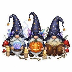 Three halloween gnomes with magical elements and autumn decorations