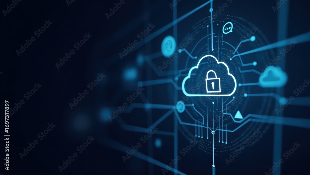 Poster a digital illustration of a secure cloud network, displaying intricate circuit board patterns and a 