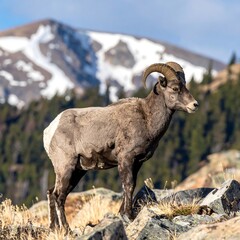 Obraz premium Majestic bighorn sheep stands proudly atop a rocky mountain peak, its impressive horns framed by a backdrop of snow-capped mountains.