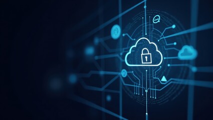 A digital illustration of a secure cloud network, displaying intricate circuit board patterns and a central cloud with a lock icon.