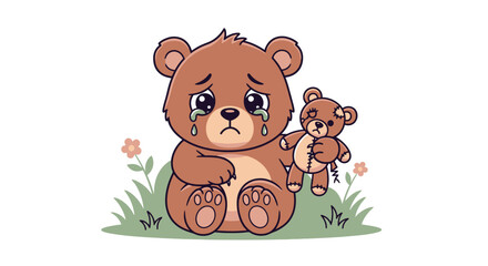 Naklejka premium Cartoon Illustration of a Sad Teddy Bear Crying with a Damaged Toy. Suitable for children's books, educational materials, or mental health awareness campaigns.