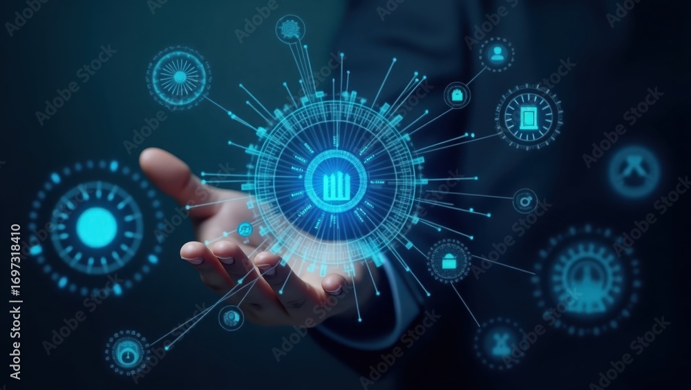 Poster a hand holds a futuristic, interconnected data network graphic, showcasing a complex system of infor