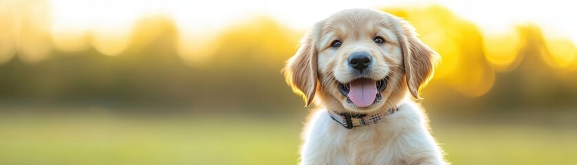 Adorable Golden Retriever puppy sitting outdoors in a sunny park du golden hour with a happy expression and a blurred background showcasing nature and tranquility