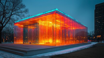 Illuminated glass pavilion at twilight, glowing amber and teal