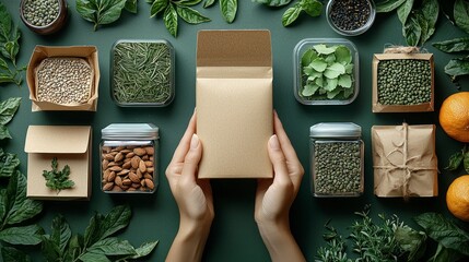 Sustainable food packaging with various grains, nuts, and herbs