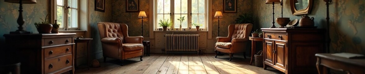 Cozy vintage living room with worn wooden floors, antique furniture, and sunlit window Perfect for home decor, interior design, and nostalgic lifestyle imagery , interior design, worn wood, house