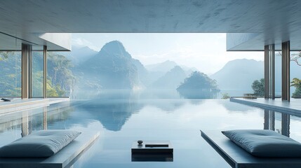 Minimalist house with infinity pool overlooking misty mountains and lake