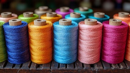Vibrant spools of colorful thread arranged on a wooden surface