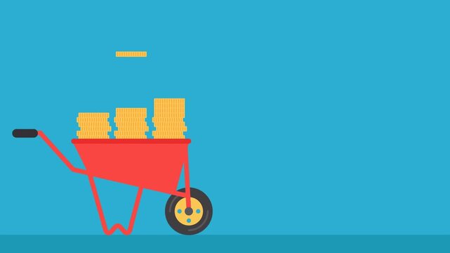 2D Animation of a Wheelbarrow Catching a Pile of Gold Coins: A Symbol of Hard Work, Profit, and Financial Growth