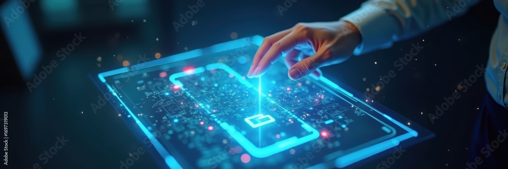 Poster a hand interacts with a glowing, futuristic tablet displaying a complex circuit board design.