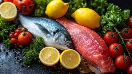 Fresh fish fillets, tomatoes, lemons & herbs