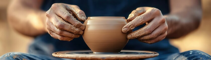 Close-up of a person shaping clay on a pottery wheel with hands, demonstrating ceramic craftsmanship and artisanal pottery making process