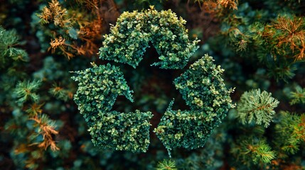 Lush green foliage forms a recycling symbol amidst a forest