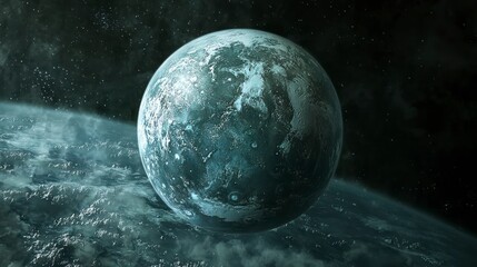 Frozen alien planet, teal hues, icy rings, dark space