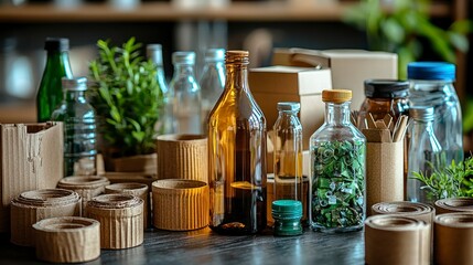 Recycled glass bottles, cardboard, and plants