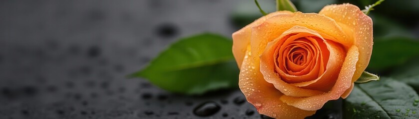 Close-up of a beautiful orange rose with dewdrops on delicate petals resting on a dark wet surface, vibrant green leaves in the background, natural floral beauty