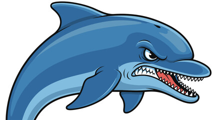 Obraz premium Cartoonish Aggressive Dolphin Illustration Displaying Sharp Teeth, Suitable for Children's Books, Educational Materials, or Mascot Designs