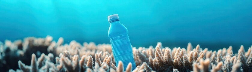 Energy drink bottle placed on a vibrant coral reef with clear blue water and sunlight filte through, emphasizing environmental conservation and marine life