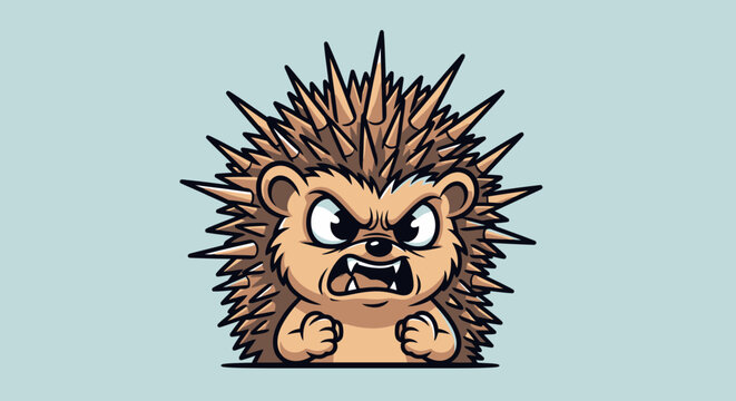 Cartoon Hedgehog with Angry Expression, Spiky Fur, and Fists Clenched, Ideal for Children's Books, Educational Materials, and Wildlife Conservation Campaigns