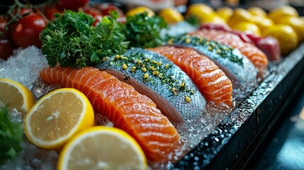 Fresh salmon fillets on ice with lemon & herbs