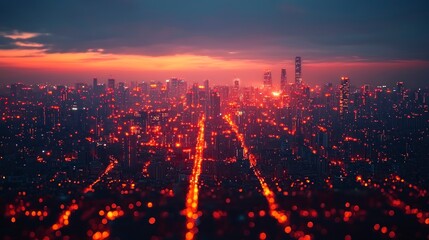 Sunset cityscape with vibrant red and orange hues, blurred bokeh effect