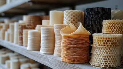 Diverse collection of cylindrical, textured, and layered materials on wooden shelves