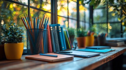 Windowsill workspace with pencils, books, notebooks, and plants