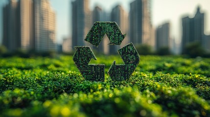 Green recycle symbol in urban park setting