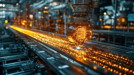 Automated manufacturing process showing glowing metal parts on a conveyor belt with robotic arm