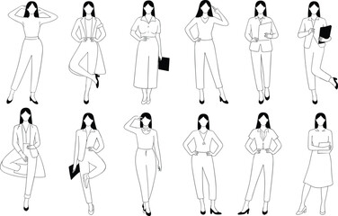 Group of confident businesswomen, modern fashion, formal wear, holding files, professional poses, minimal line art illustration for branding.