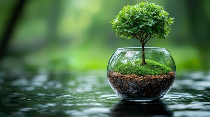 Miniature tree in glass terrarium, serene nature scene