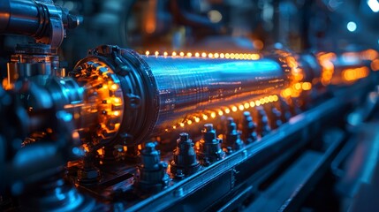 Glowing industrial machinery detail; intricate metallic components and orange lights