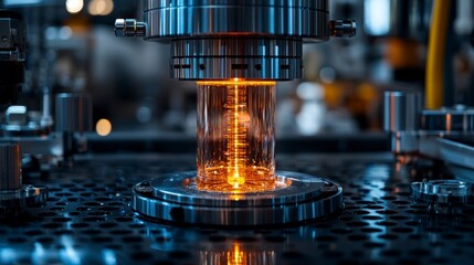 Glowing glass tube undergoing industrial processing