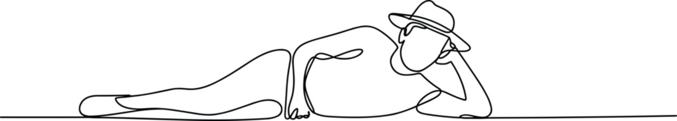 Man laying down wearing hat, relaxing pose, continuous line drawing, minimal art style, rest concept, leisure, vector illustration, casual mood