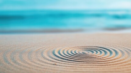 Tranquil sandy beach with gentle waves and concentric ripples on the shore under clear blue sky, peaceful seaside landscape perfect for relaxation and vacation