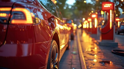 Red electric car charging at night, urban setting