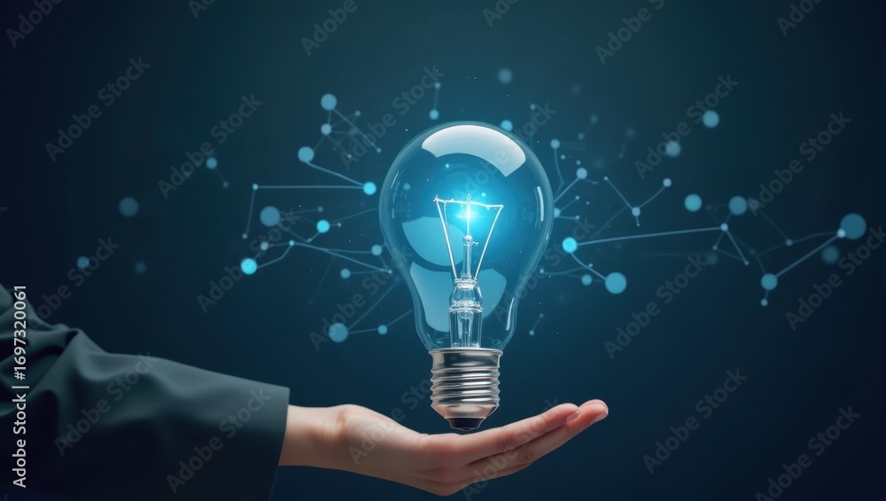 Poster a hand holds a glowing lightbulb, illuminated with abstract digital network patterns, symbolizing in