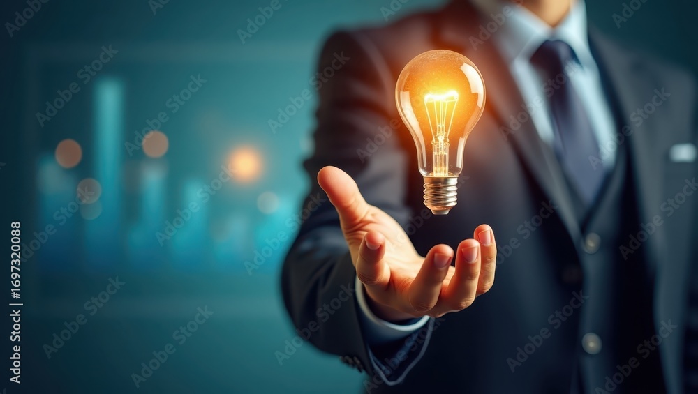 Poster a person in a suit holds a glowing lightbulb, symbolizing a new idea or innovation, against a backdr