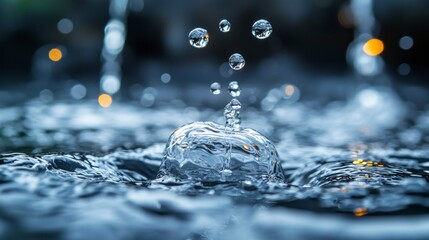 Water droplet impact, creating ripples and smaller droplets