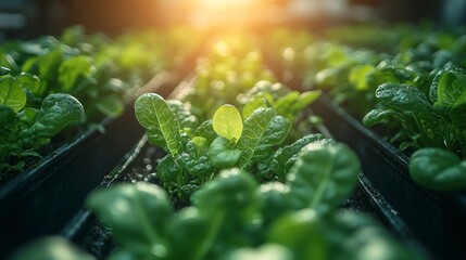 Lush green leafy seedlings thriving in a greenhouse bathed in sunlight