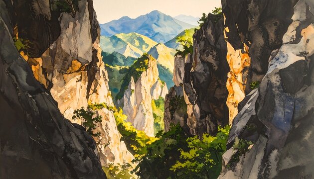 Mountain pass vista, painted