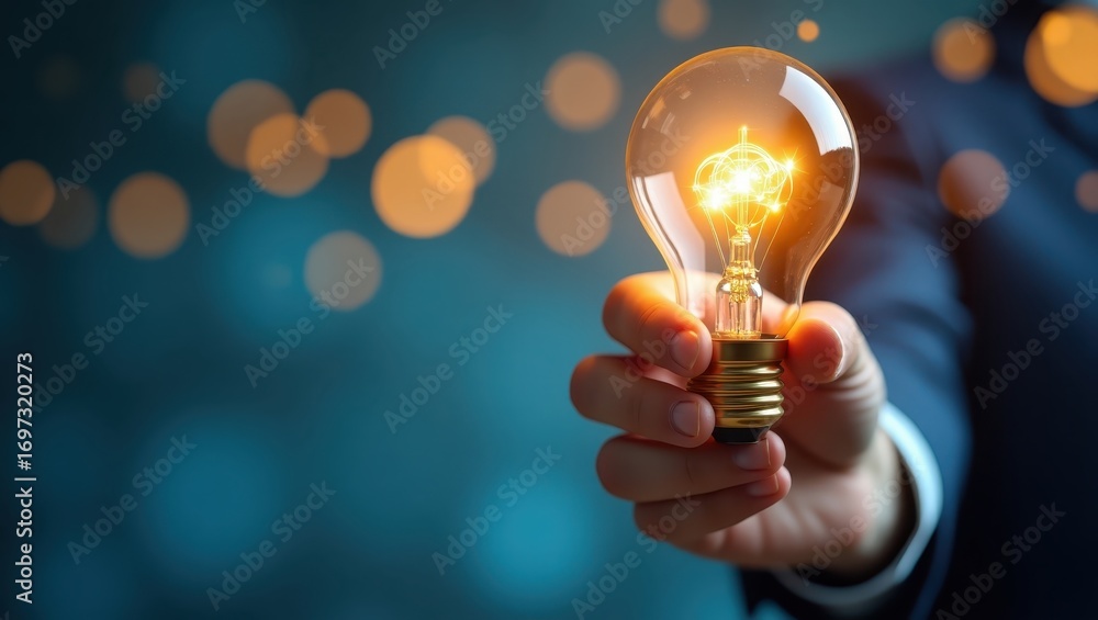 Poster a glowing lightbulb held in a hand, symbolizing new ideas and innovation against a backdrop of soft 