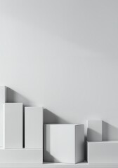 Clean Arrangement: A minimalist composition of clean white product display cubes against a backdrop, the play of light and shadow accentuating their geometric forms.