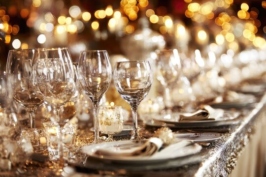Festive dining table setting, blurred background