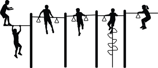 Children climbing on monkey bars silhouette, kids playground activity, outdoor fun, school recess, exercise fitness, group playtime, childhood adventure illustration © MstMuktarinaAkter