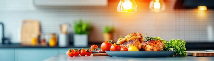 Colorful Fresh Fruit and Vegetable Salad with Tomatoes Lettuce and Carrots on Modern Kitchen Counter with Warm Lighting and Kitchenware in Background
