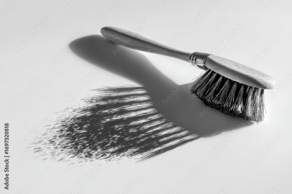 Poster artistic black and white image of a brush casting unique shadows on a surface with soft light and te