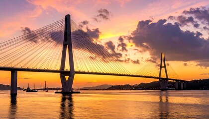 Sunset over a modern cable-stayed bridge